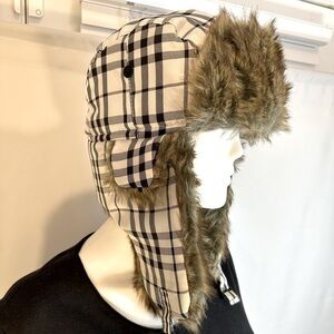 Snowman Womens Winter Trooper Trapper Aviator Hat Plaid Faux Fur With Ear Flaps